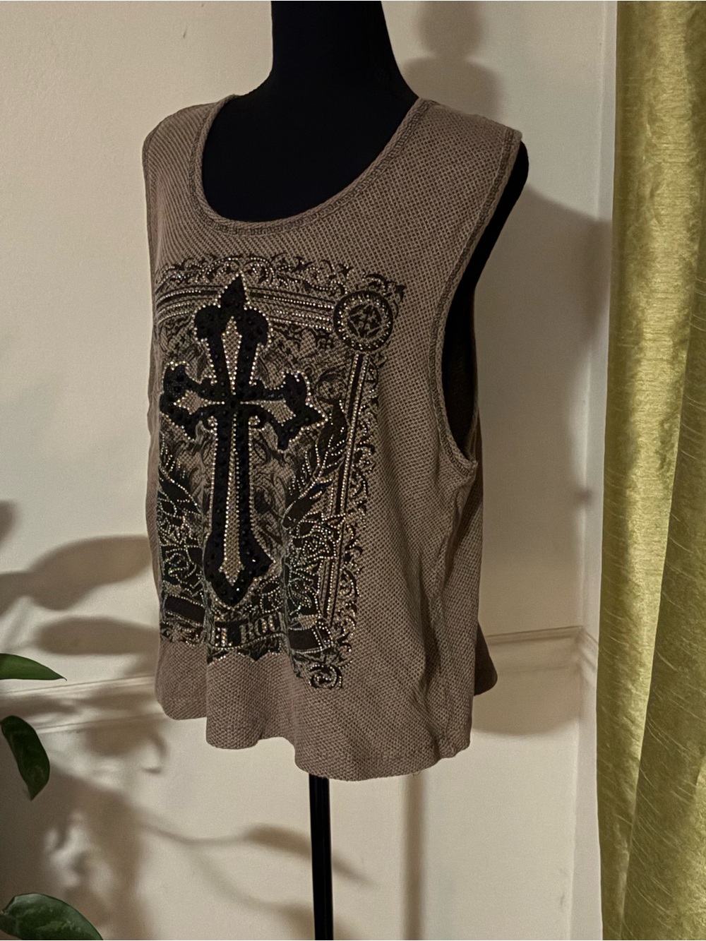 Beaded Cross Sleeveless Knit Tank - Taupe